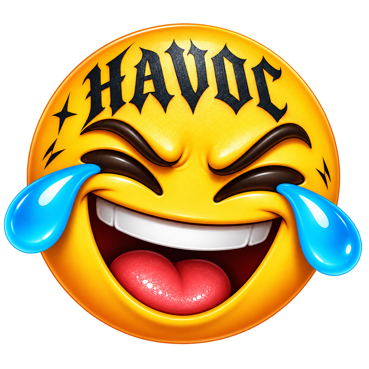 Laughing emoji with tears and HAVOC tattoo across its head